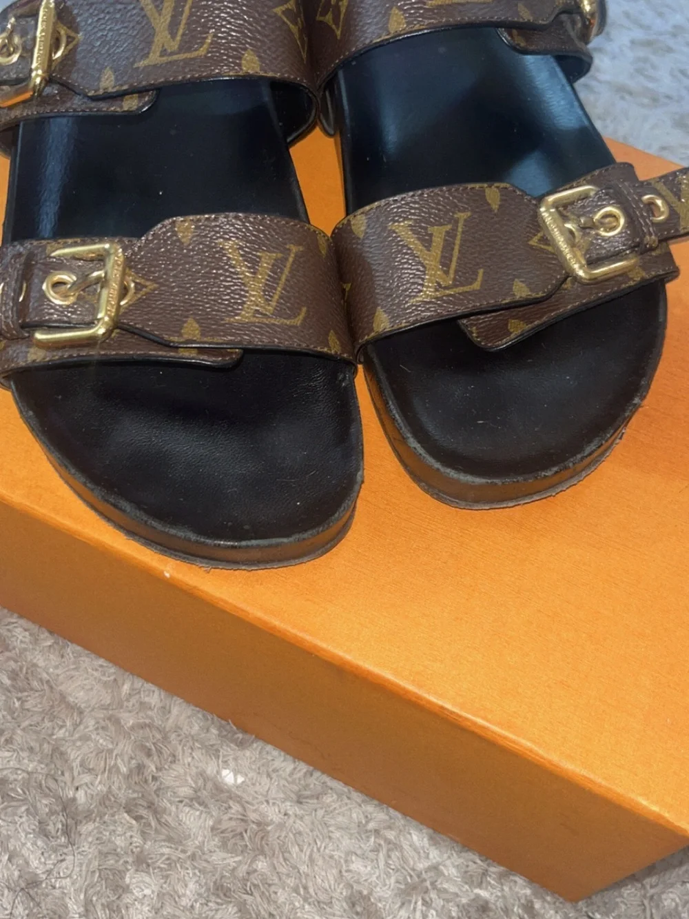 Louis Vuitton Brown Monogram Double-Strap Women’s Sandals with Gold Buckles